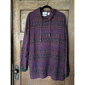 Vtg 90s Denim Express Red Green Hoodie Sweatshirt Aztec Acrylic Mens Sz XL